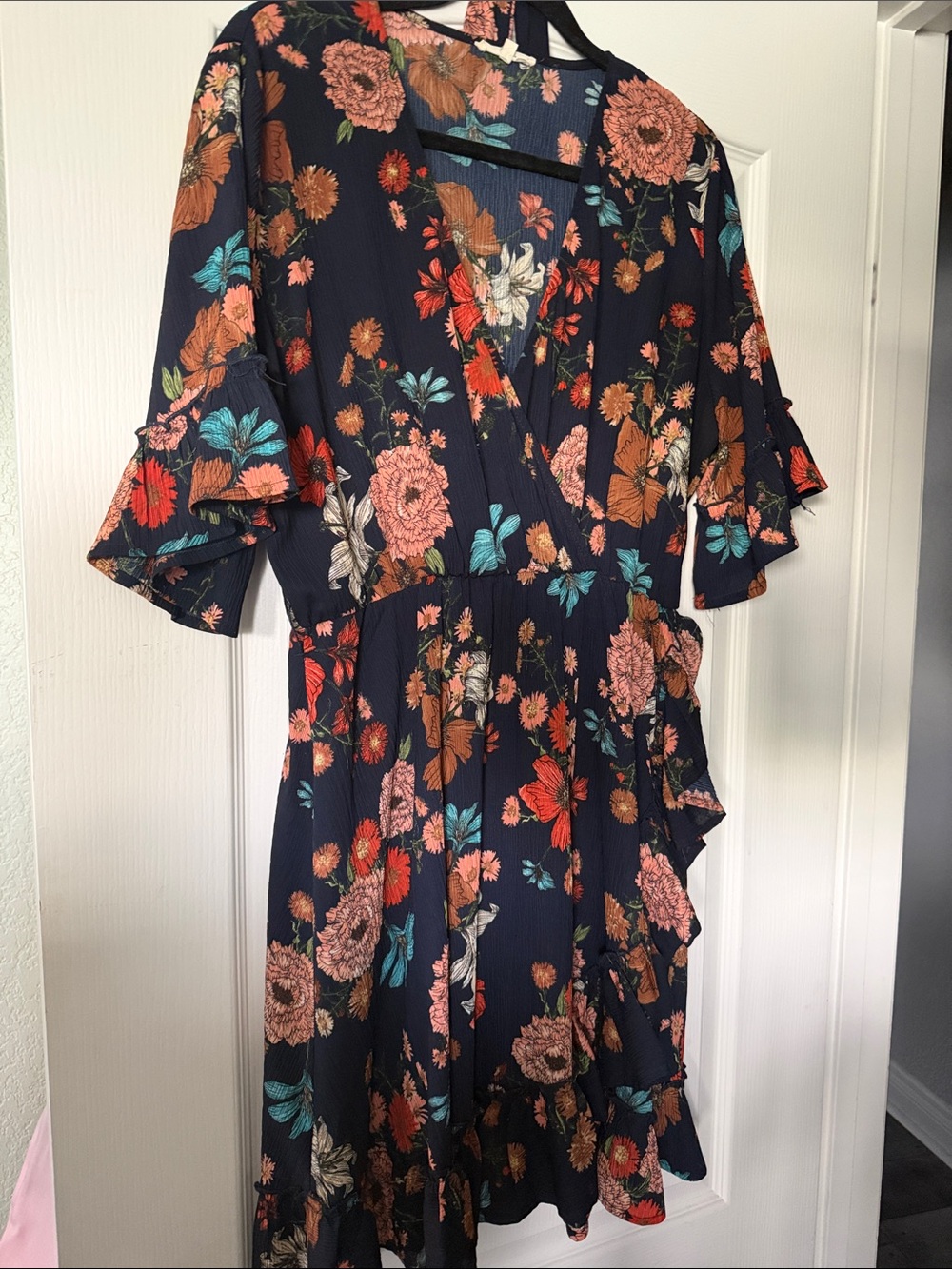 easel | Navy Floral Faux Wrap Midi Dress